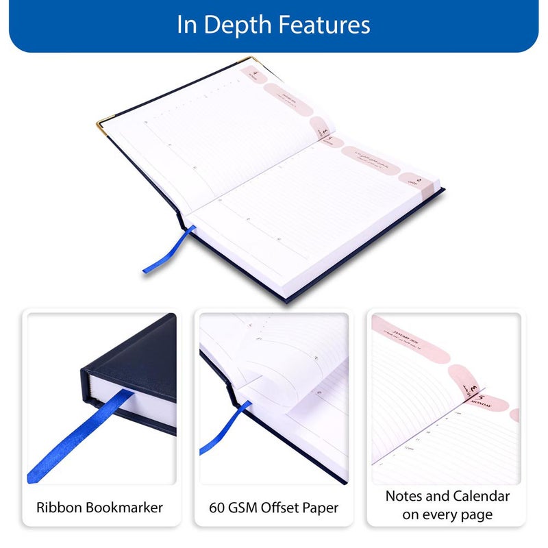 FIS مفكرة أجندة FIS 2026، بحجم 170x240 مم، غلاف فينيل مبطن من جانب واحد مع زوايا ذهبية، تنسيق يوم في صفحة، عربي/إنجليزي، ورق أبيض 60 جرام، غلاف أزرق - FSDI75AEVG26BL - Image 5