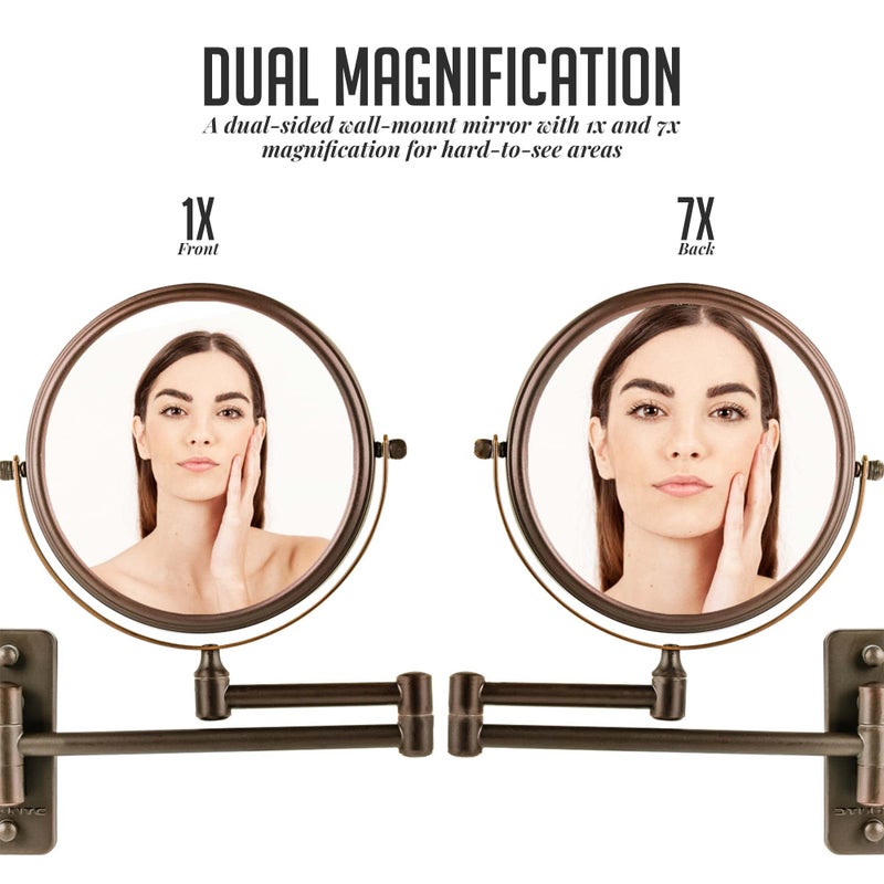 Ovente 7"" Wall Mounted Makeup Mirror - 1X/ 7X Magnification  Rotating 360-Degree  Double-Sided  Extendable & Folding Arm  Clear-View Bathroom & Vanity D?Cor  Classic Antique Bronze Mnlfw70Abz1X7X - Image 2