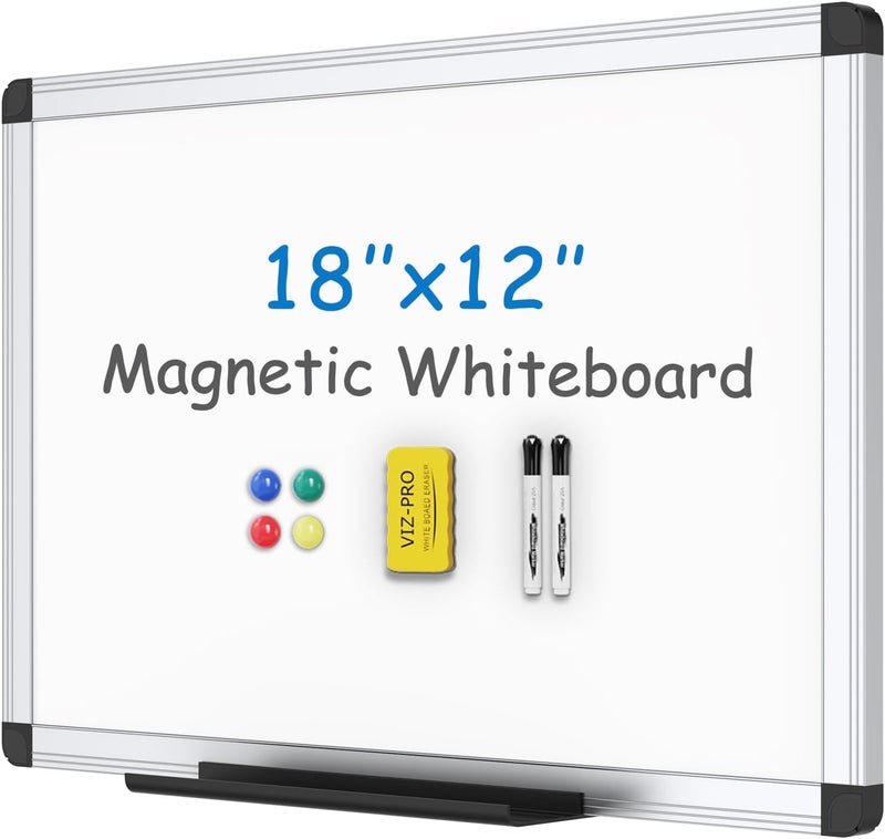 VIZ-PRO Magnetic Whiteboard, 18 x 12 Inches, Dry Erase Board with Eraser, Markers & Magnets - Image 1