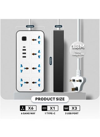 3U 6 Power Socket,Universal Electric Extension Cord with 1 Type-C Port,Extension Cords with 6Gang |3USB Ports,1.88 Meters Extenstion Power Cables for Home,Kitchen and Office(White) - view 2