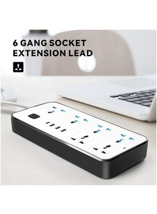 3U 6 Power Socket,Universal Electric Extension Cord with 1 Type-C Port,Extension Cords with 6Gang |3USB Ports,1.88 Meters Extenstion Power Cables for Home,Kitchen and Office(White) - view 3