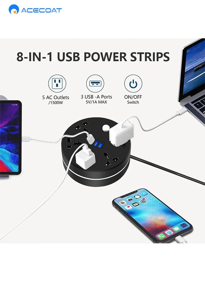 Power Strip, 5 Outlets and 3 USB Ports 2m Extension Cord, Round Socket Overload Surge Protector, 100% Copper Core, Mini Plug Charging Station, Compact for Office, Home, Travel (Black)