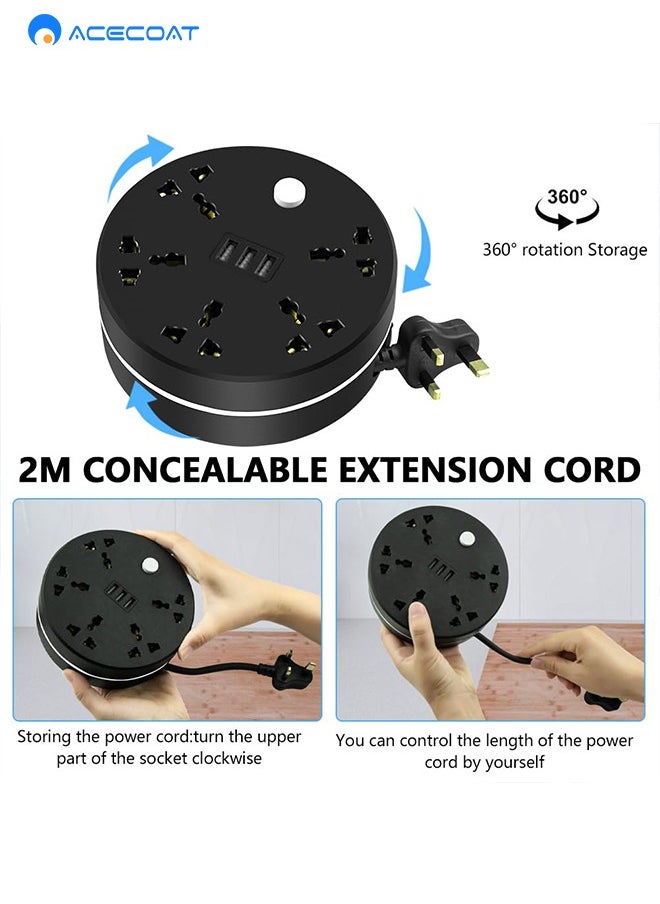 Power Strip, 5 Outlets and 3 USB Ports 2m Extension Cord, Round Socket Overload Surge Protector, 100% Copper Core, Mini Plug Charging Station, Compact for Office, Home, Travel (Black)