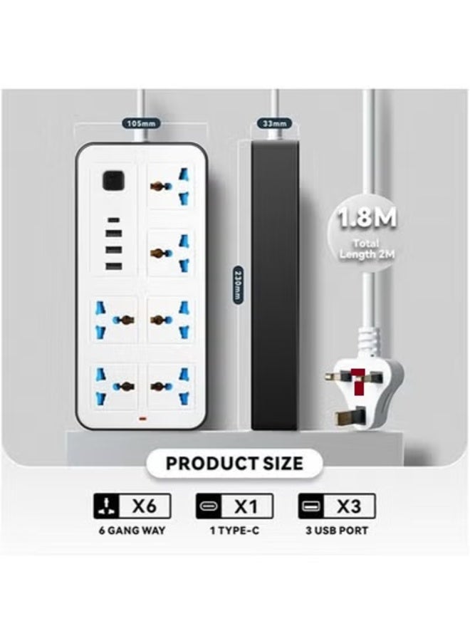 ACECOAT 3U 6 Power Socket,Universal Electric Extension Cord with 1 Type-C Port,Extension Cords with 6Gang |3USB Ports,1.88 Meters Extenstion Power Cables for Home,Kitchen and Office(White) - Image 2