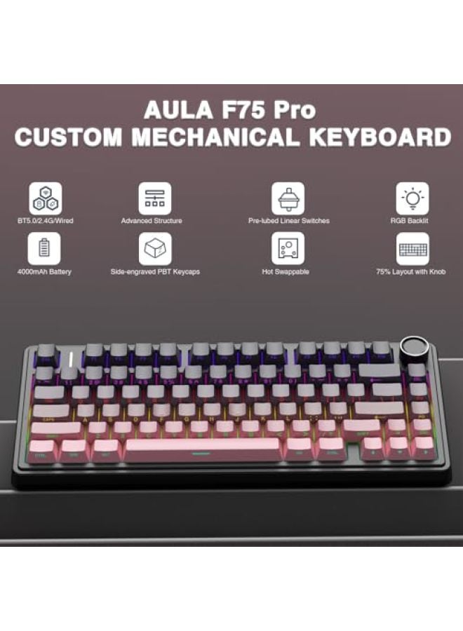 لوحة مفاتيح ميكانيكية لاسلكية AULA F75 Pro، 75% قابلة للتخصيص والتبديل السريع مع مقبض، إضاءة خلفية RGB، مفاتيح Reaper مدهونة مسبقًا، أغطية مفاتيح PBT مطبوعة على الجانب، 2.4GHz/USB-C/BT5.0 للعب - Image 2