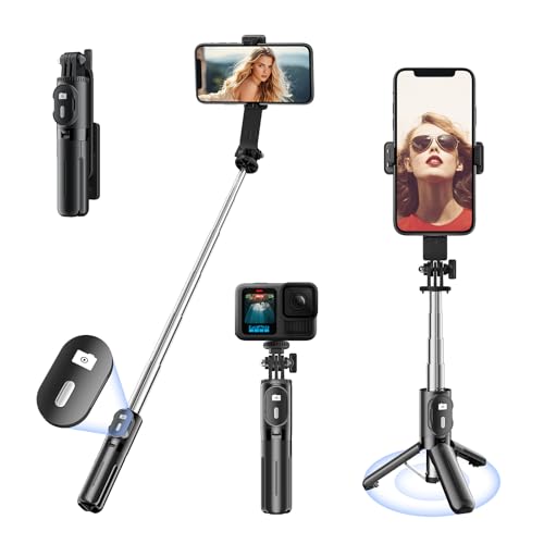 KINGONE Mini Selfie Stick Tripod, Extendable Phone Stand with Bluetooth Remote 71cm, Portable Tripod Selfie Stick for iPhone/Samsung/GoPro, Mobile Selfie Stick with Tripod Stand, Black - Image 1