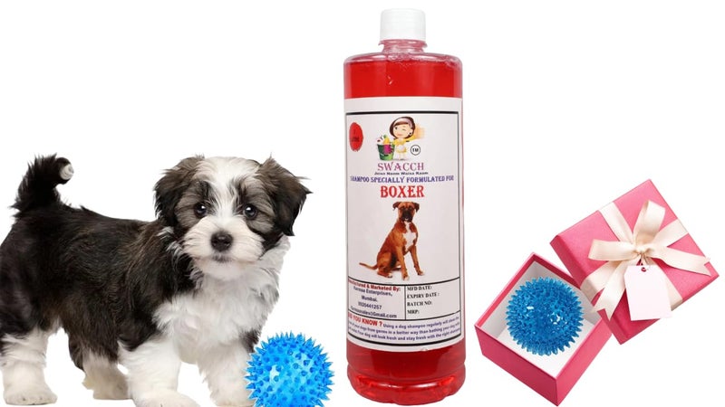swacch Shampoo | Puppy Safe Shampoo | PH Balanced | Ditch to Itch for Boxer Dog Shampoo 1 Litre (Jasmine) + Spike Ball Chew Toy Combo Pack - Image 1