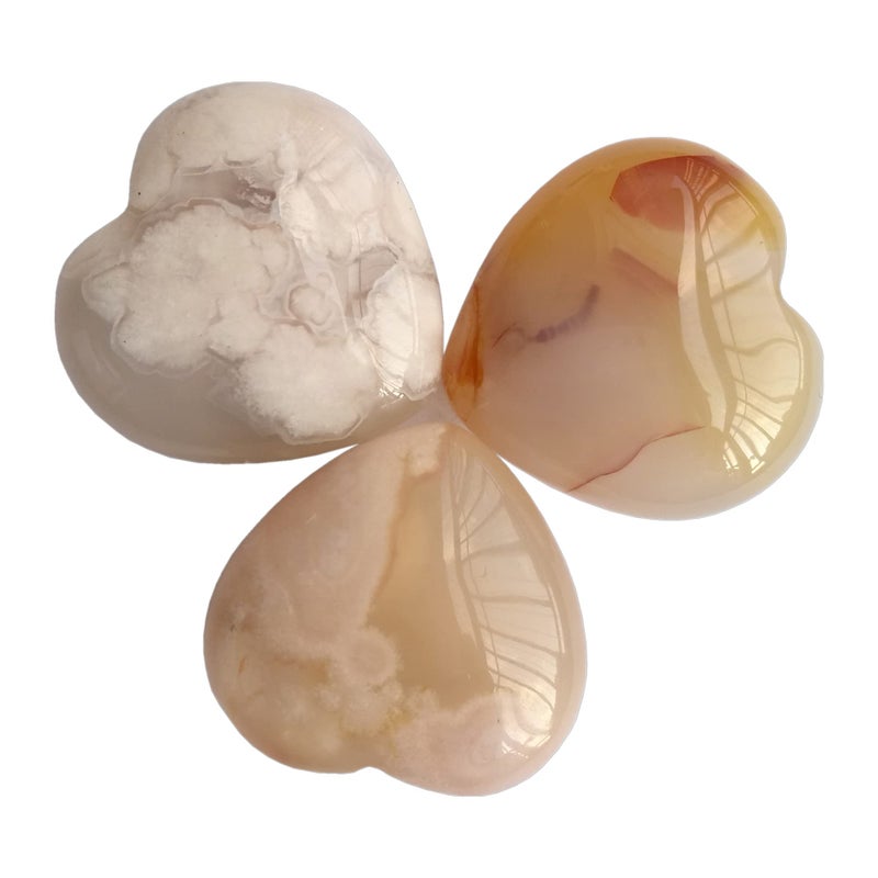 Bacatgem 3 Pcs Cherry Blossom Agate Pocket Palm Thumb Healing Crystal Heart Love Worry Stones1 inches Reiki Balancing Crystal and Healing Stones