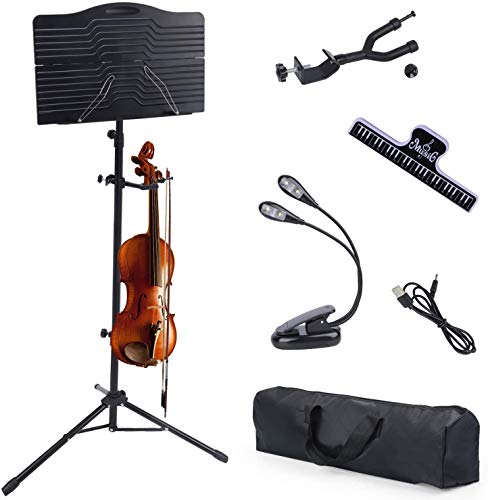 Klvied Portable Folding Sheet Music Stand with Violin Hanger, Black - Image 1