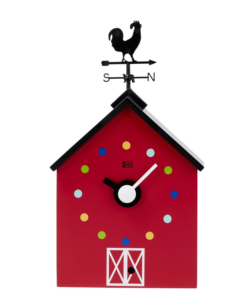 KOOKOO Red Barn Small Farmhouse Clock with 12 Animal Sounds a Rooster and a Rotating weathervane