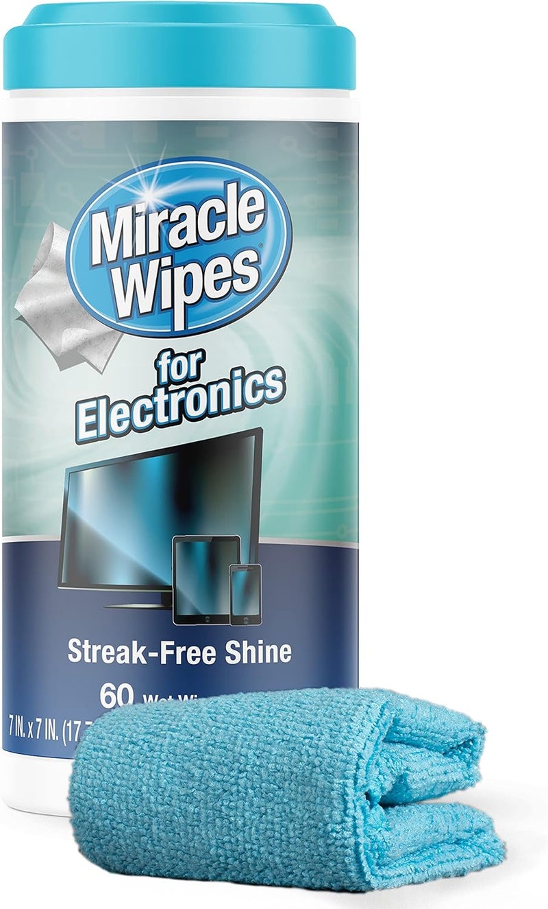 Miracle Brands مناديل MiracleWipes لتنظيف الإلكترونيات - مناديل شاشة مصممة للتلفزيون والهواتف والشاشات والمزيد - تشمل منشفة من الألياف الدقيقة - (60 منديل) ثابت ومنقول - Image 1
