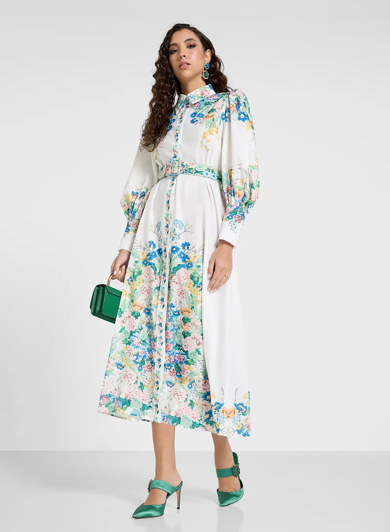 Khizana Floral Belted Midi Dress