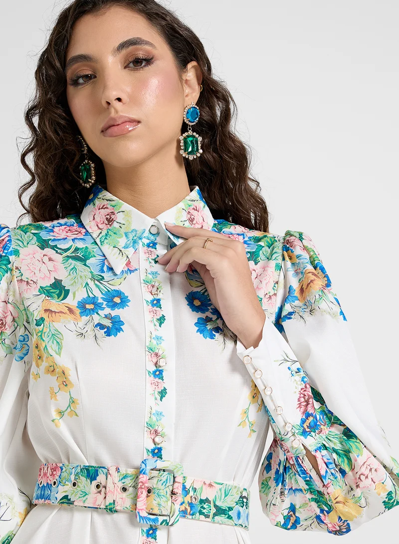 Khizana Floral Belted Midi Dress