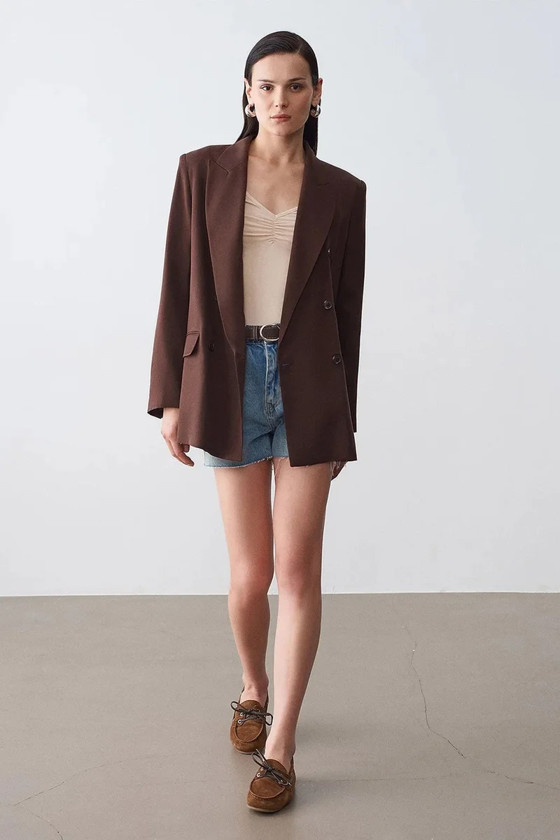 Dilvin Coffee Brown DILVIN Long Tencel Shawl-Collar Blazer for Women | Best Price UAE