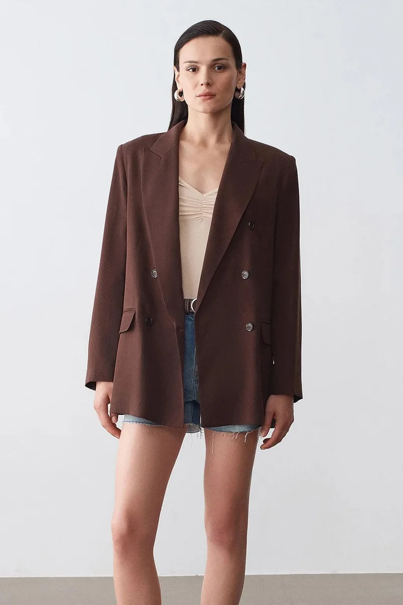 Dilvin Coffee Brown DILVIN Long Tencel Shawl-Collar Blazer for Women | Best Price UAE