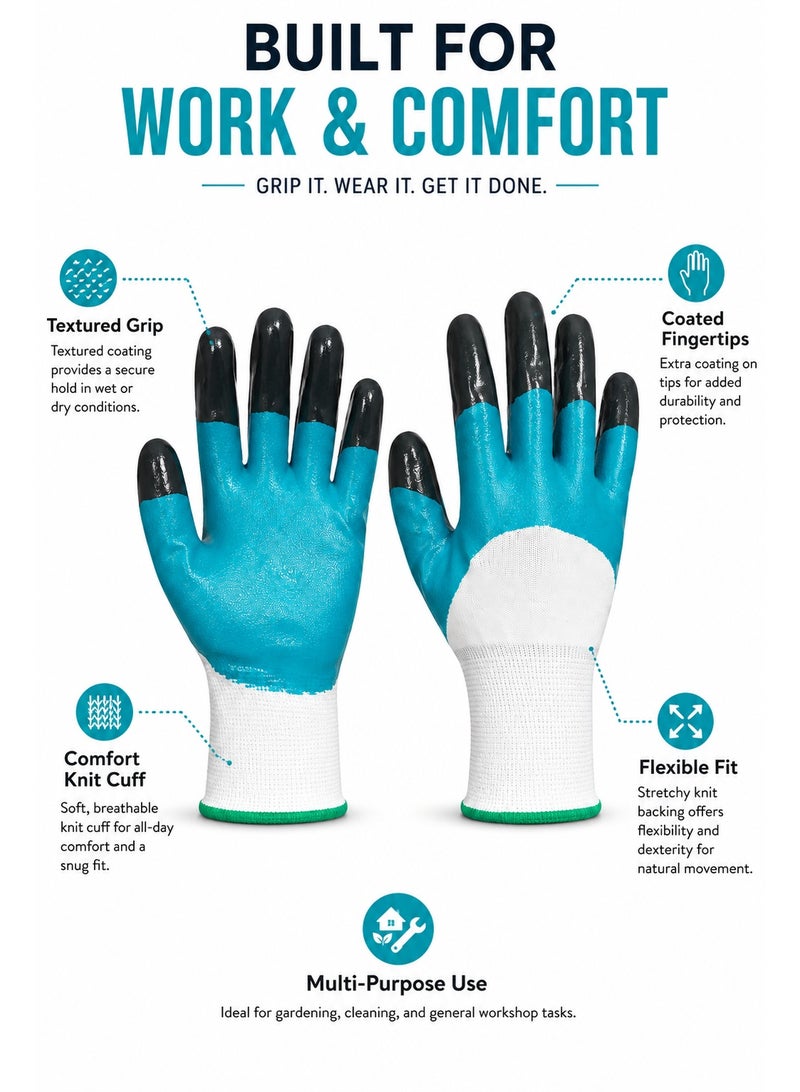 Utility Work Gloves with Coated Grip, Teal and Black Multi-Purpose Gloves for Gardening, Cleaning, Workshop, DIY Tasks and Everyday Hand Protection - Image 5
