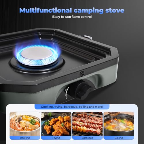 FAHKNS 2-Burner Foldable Camping Stove with Griddle and Carrying Bag，16000 BTU Portable Propane Camp Stove with 2 Adjustable Burners & Piezo Ignition, for Camping, Home Backyard, Frying Turkey, Green - Image 4