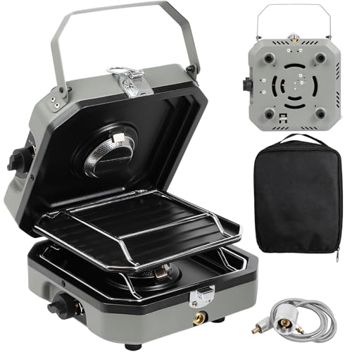 FAHKNS 2-Burner Foldable Camping Stove with Griddle and Carrying Bag，16000 BTU Portable Propane Camp Stove with 2 Adjustable Burners & Piezo Ignition, for Camping, Home Backyard, Frying Turkey, Green - Image 1