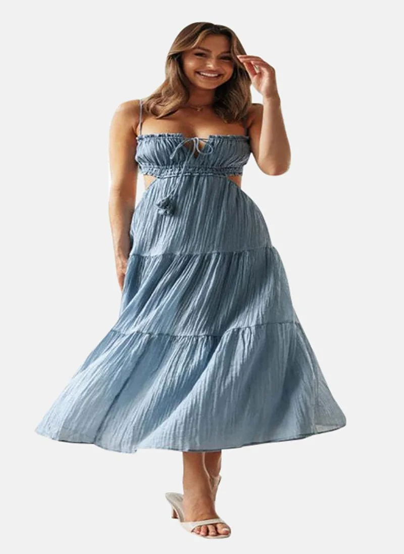 يونيكي Blue Shoulder Straps Chiffon A-Line Dress
