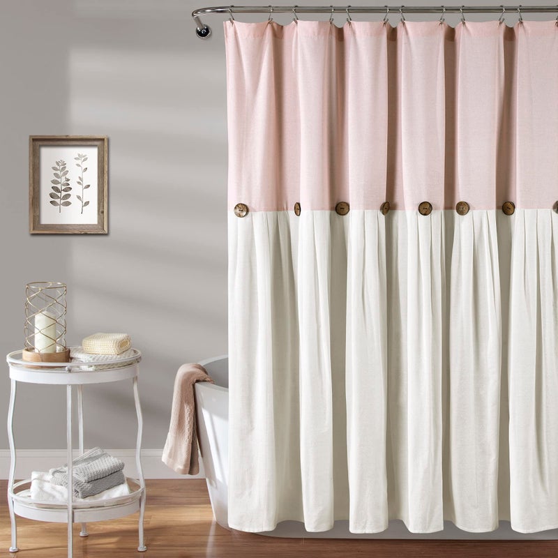 Lush Decor Lush Decor Linen Button Shower Curtain 72 W x 72 L Blush  Off White  Pink Bathroom Curtain  Fabric Shower Curtains  Farmhouse Bathroom Decor 