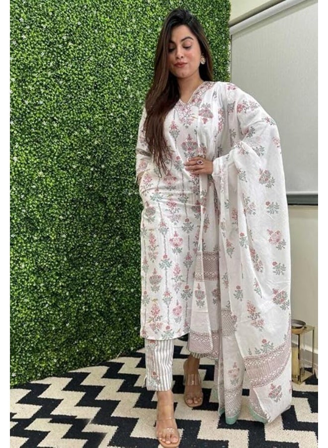 Pinkmint store Kurta & Pant with Dupatta Set for Women '' V '' Neck Printed Straight Kurta Set Off White XL - Image 3