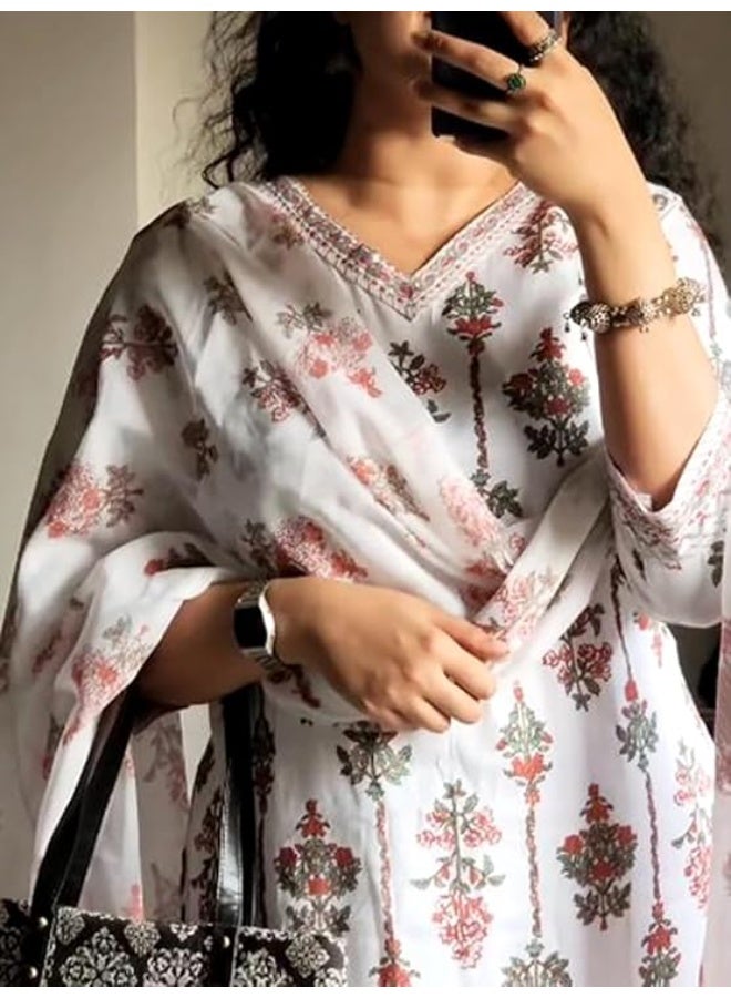Pinkmint store Kurta & Pant with Dupatta Set for Women '' V '' Neck Printed Straight Kurta Set Off White XL - Image 4