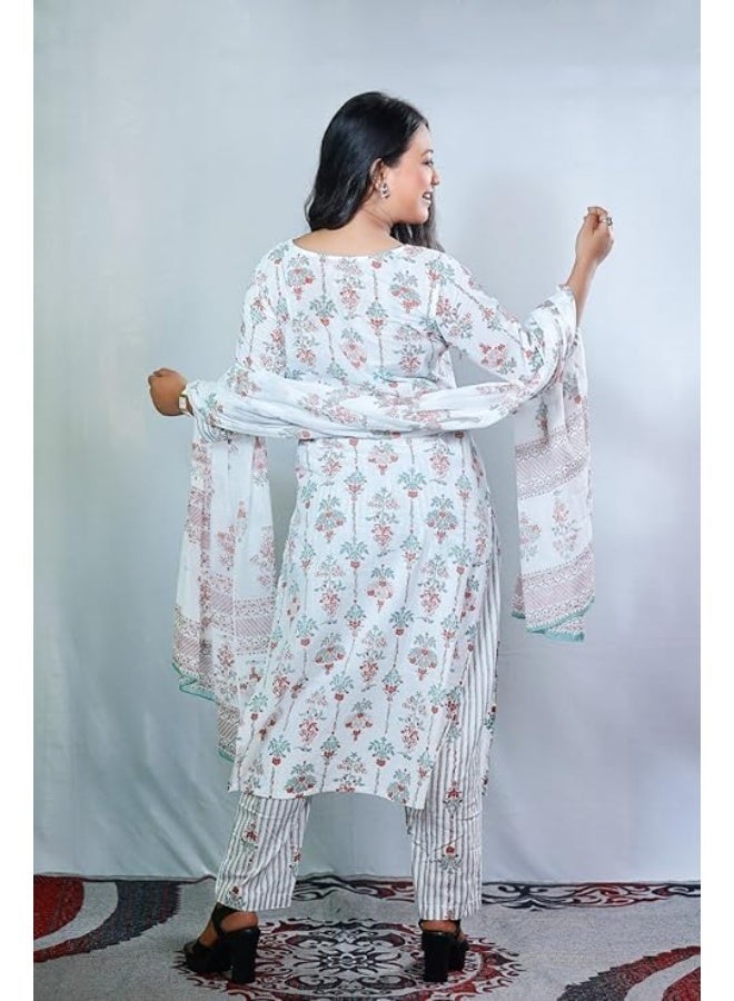 Pinkmint store Kurta & Pant with Dupatta Set for Women '' V '' Neck Printed Straight Kurta Set Off White XL - Image 2