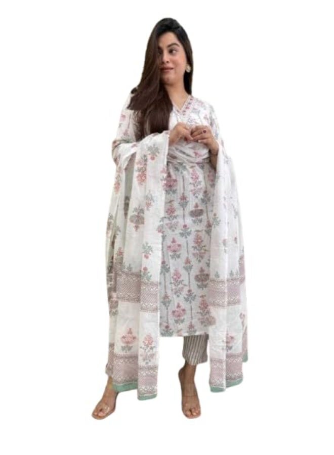 Pinkmint store Kurta & Pant with Dupatta Set for Women '' V '' Neck Printed Straight Kurta Set Off White XL - Image 1