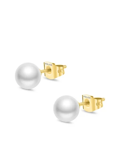 POLICE Opaline Gold Plated White Pearl Stud Earrings for Women