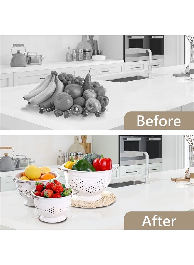 Hillbond مجموعة مصفاة من 3، 1.5، 3، 5 QT مصفاة معدنية مطلية بالبودرة مع مقابض من الفولاذ المقاوم للصدأ وقاعدة مستقرة، مصفاة طعام ومصافي للمطبخ، بيضاء - Image 2