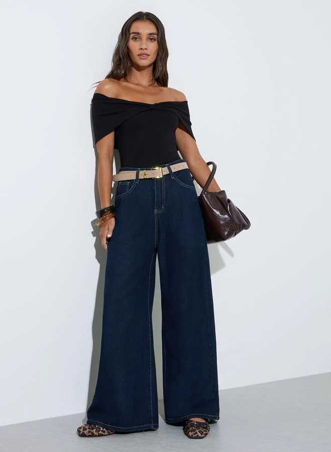 Styli Black Solid Off Shoulder Crisscross Knit Top