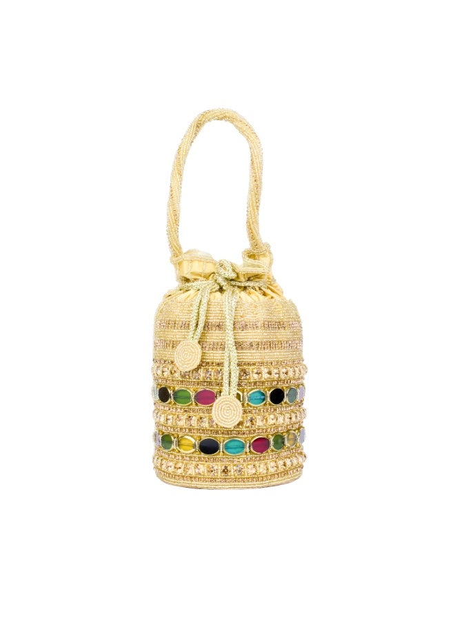 Dollar's Women Jute Potli Bag, Ethnic Embroidered Clutch Purse, Wedding Clutch Bag, Bridal Potli Pouch, Ladies Evening Bag, Festive Party Bag, Traditional Carry Bag (Gold) - Image 1