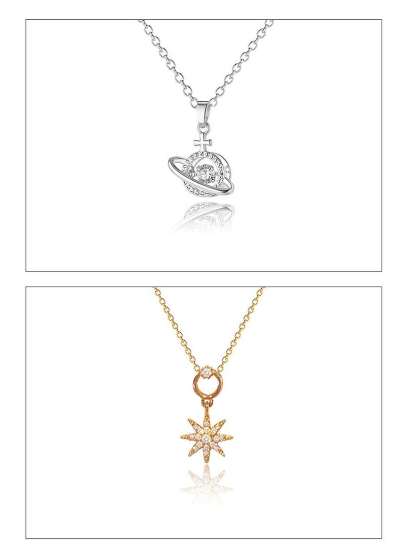 MileMelo 2 Necklaces Titanium Steel Hexagons and Planets Zircon Pendant Necklace Crystals Jewelry Valentine's Day Gift, Anniversary Clear/Silver/Gold  - Image 1