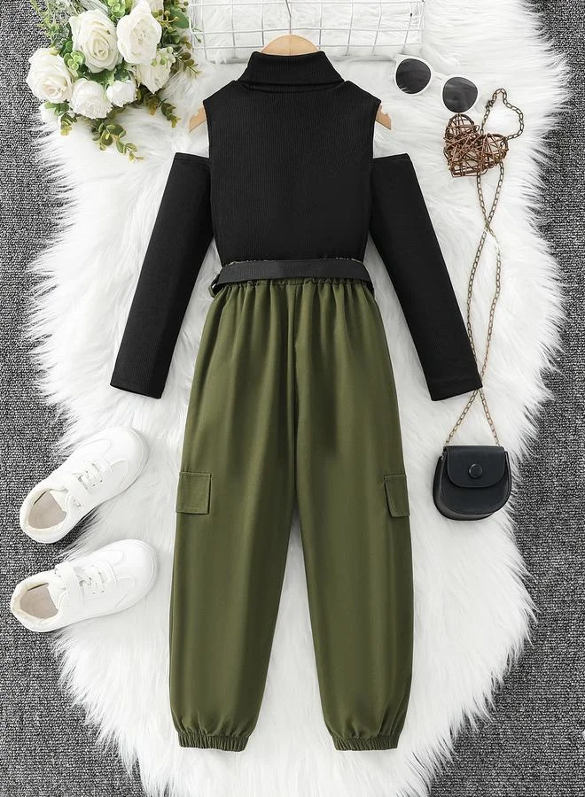 Take Two Take Two Girls Olive Cold Shoulder Top and Belted Joggers Set