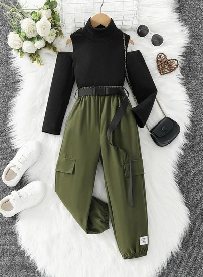 Take Two Girls Olive Cold Shoulder Top and Belted Joggers Set