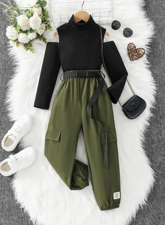 Take Two Take Two Girls Olive Cold Shoulder Top and Belted Joggers Set