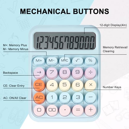 DANRONG Mechanical Switch Calculator with Big Buttons, Calculators Desktop, 12 Digits, Large LCD Display, Desk Calculator, Cute Pink Calculators for Teachers Students Basic Office (Blue) - Image 3