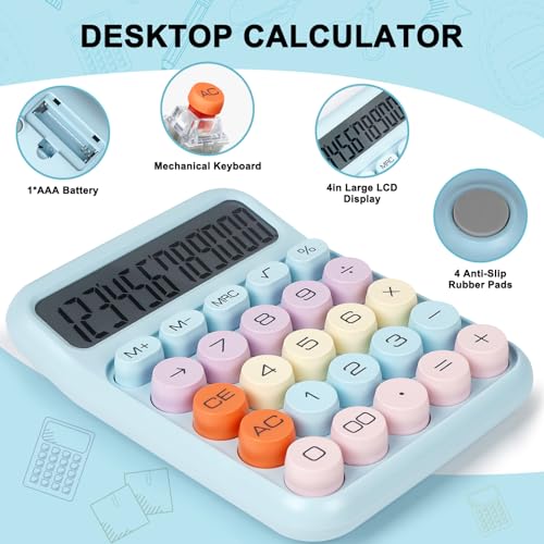 DANRONG Mechanical Switch Calculator with Big Buttons, Calculators Desktop, 12 Digits, Large LCD Display, Desk Calculator, Cute Pink Calculators for Teachers Students Basic Office (Blue) - Image 5