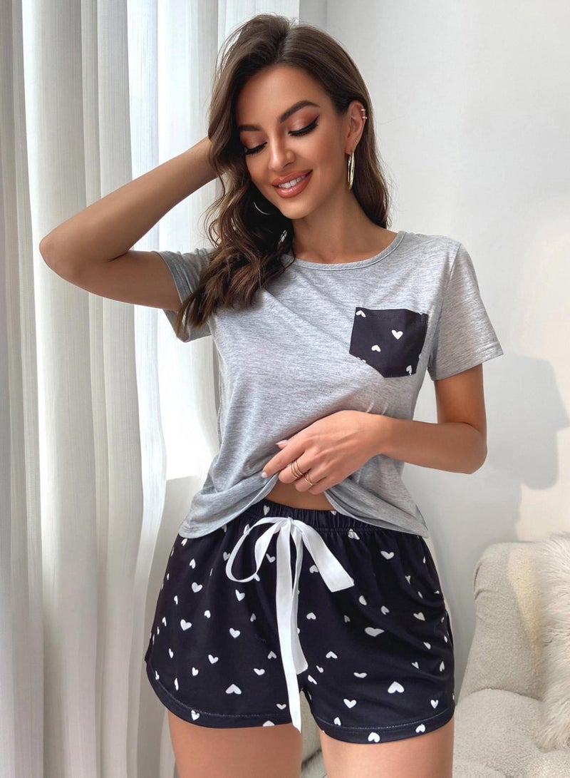 Loquat Women's Printed 2-Piece Set Nightgown Short Sleeve T-shirt And Shorts Soft Loungewear Pajamas Suit Leisure Wear Grey Mix  - Image 1