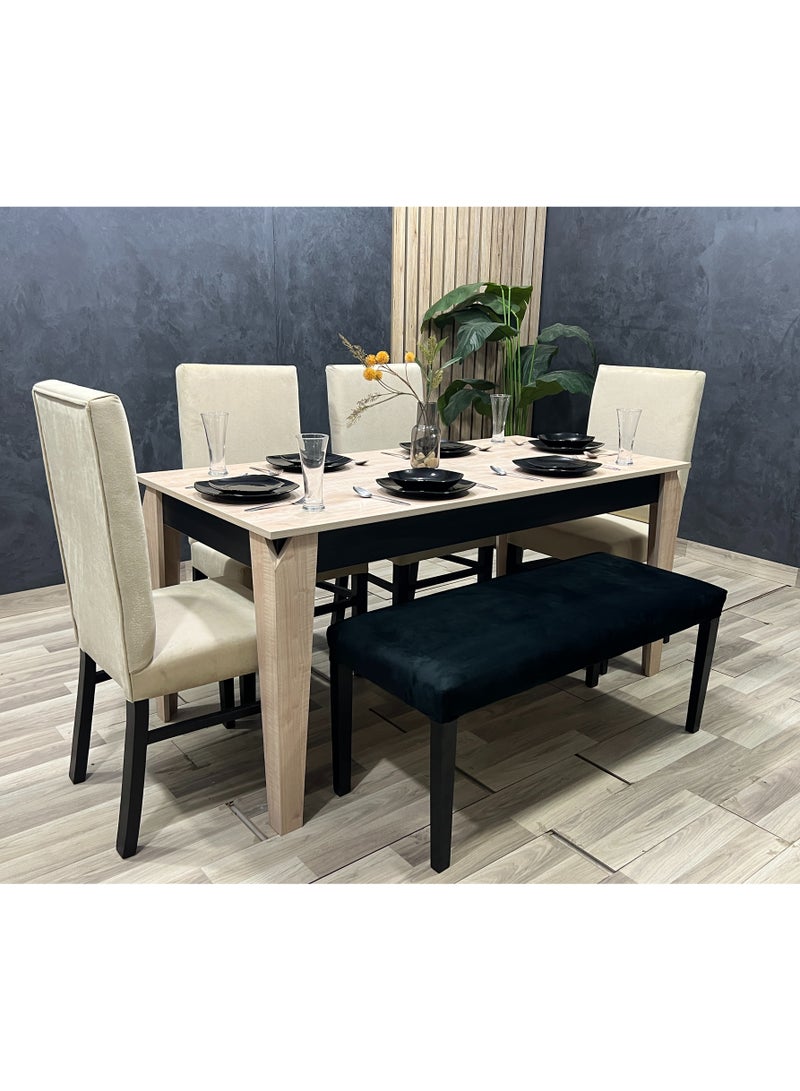 MDF dining table with 4 chairs and a bench with a luxurious touch - velvet upholstery available in multiple colors
