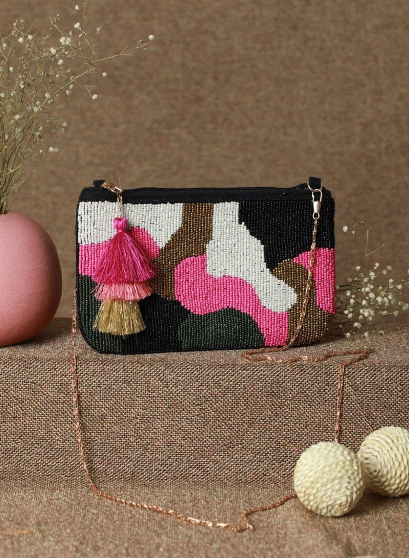 Priyaasi Beaded Black and pink clutch Bag with Tasselled  - Image 1