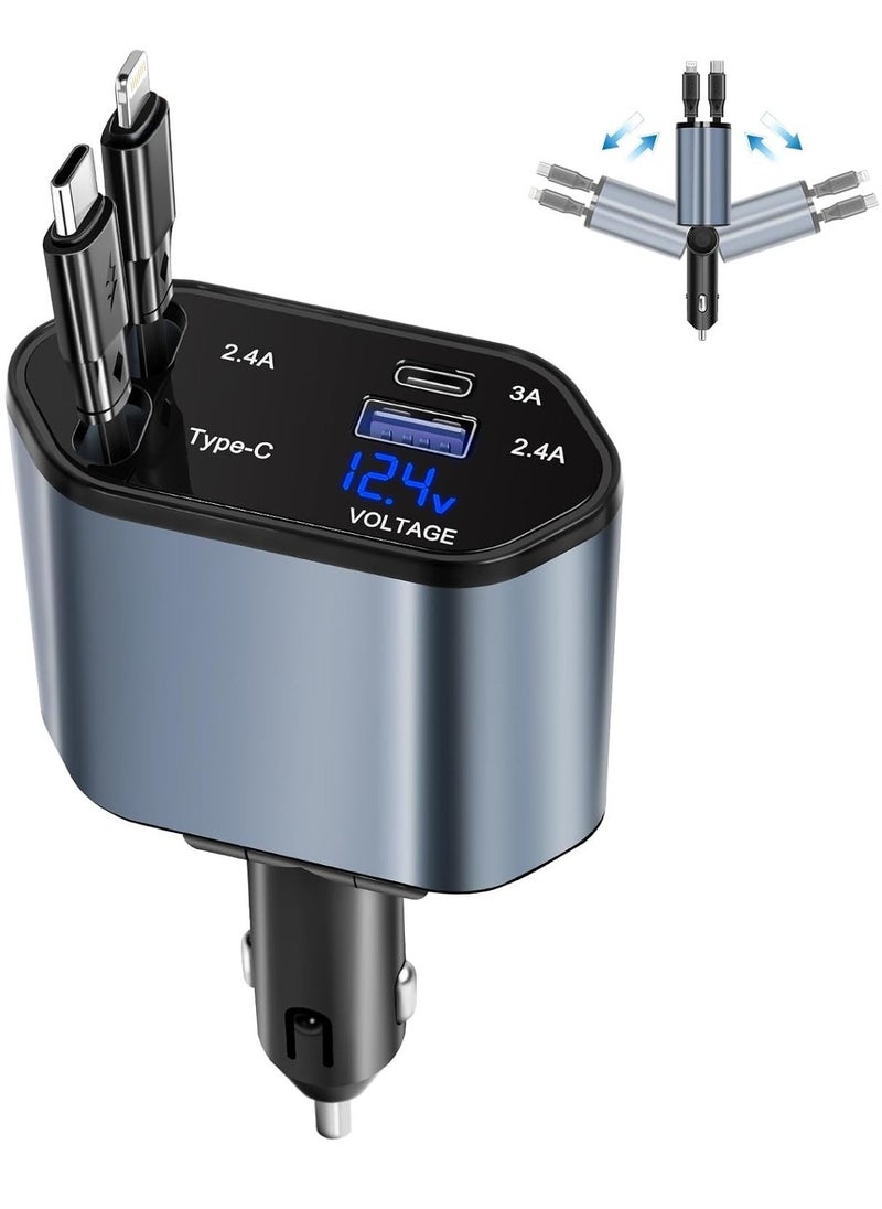 ELTRAZONE Retractable Car Charger – 4-in-1 Fast Car Phone Charger (2 Retractable Cables + 2 USB Ports) Type-C Adapter for iPhone, Samsung, Google, iPad & More - Image 1