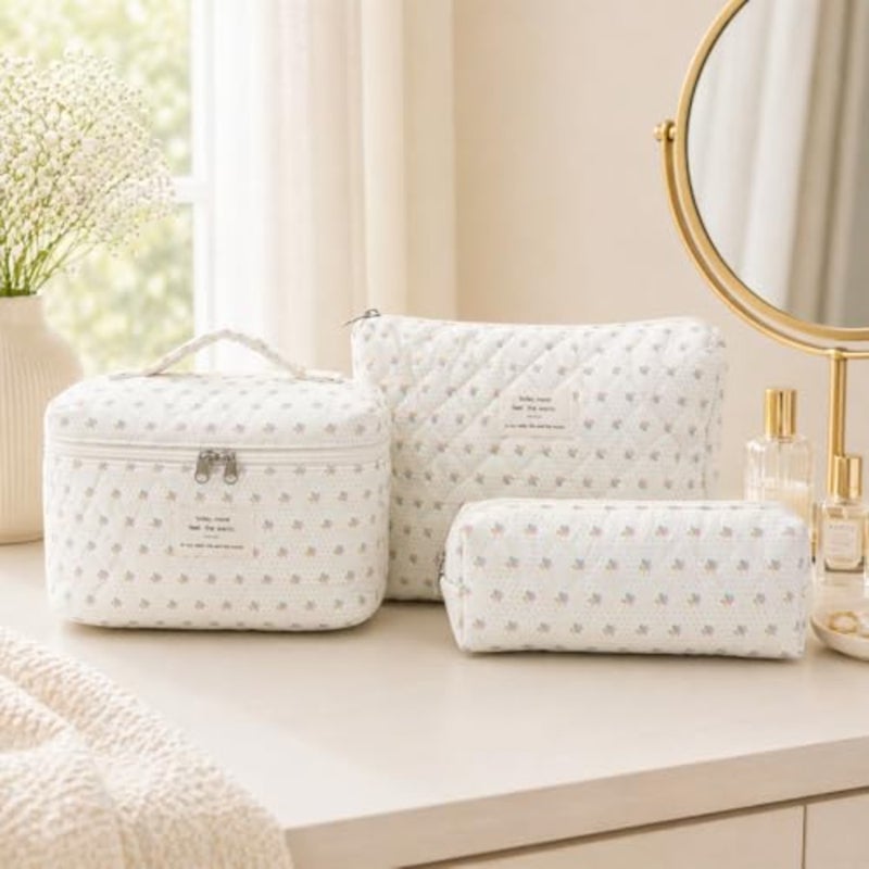 Quilted Makeup Bag Set of 3, Floral Cosmetic Organizer with Zipper, Soft Padded Toiletry Bags for Travel Daily Use - Image 2