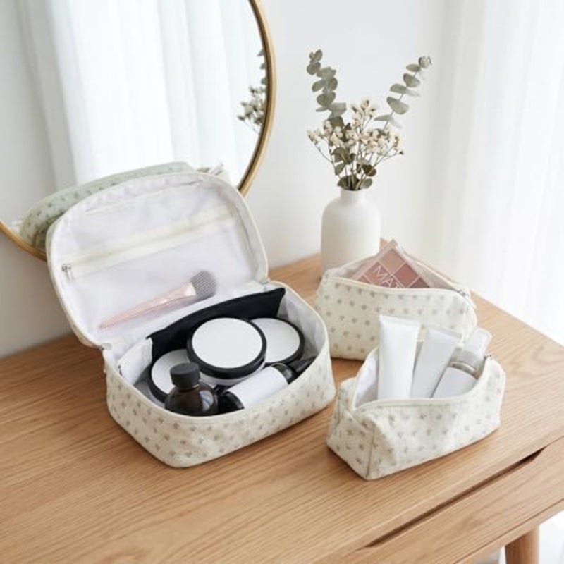 Quilted Makeup Bag Set of 3, Floral Cosmetic Organizer with Zipper, Soft Padded Toiletry Bags for Travel Daily Use - Image 3