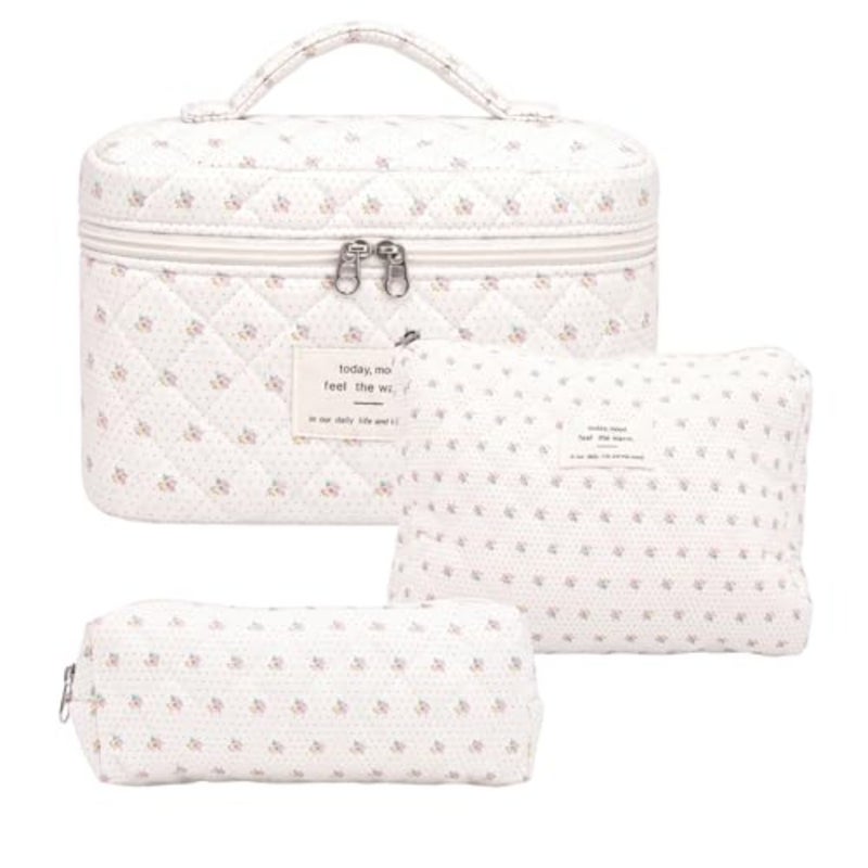 Quilted Makeup Bag Set of 3, Floral Cosmetic Organizer with Zipper, Soft Padded Toiletry Bags for Travel Daily Use - Image 1