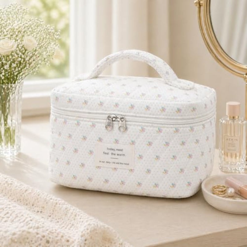 Quilted Makeup Bag Set of 3, Floral Cosmetic Organizer with Zipper, Soft Padded Toiletry Bags for Travel Daily Use - Image 4