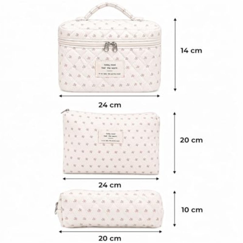 Quilted Makeup Bag Set of 3, Floral Cosmetic Organizer with Zipper, Soft Padded Toiletry Bags for Travel Daily Use - Image 5