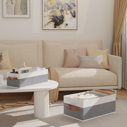OUTBROS Storage Bins,Foldable Storage Baskets for Organizing,Fabric Storage Boxes With Handles,For bedrooms, living rooms, Shelves,Gray/White,15x6.1x5.1in,3-Pack - Image 5