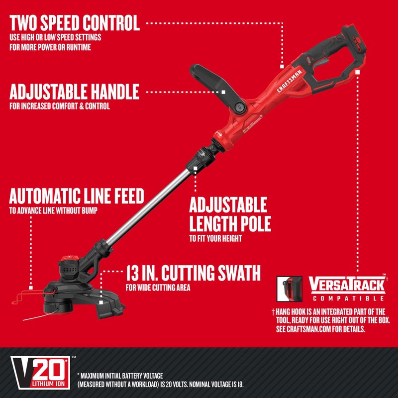 CRAFTSMAN V20 WEEDWACKER Cordless String Trimmer Edger with Automatic Feed, 13 inch, Bare Tool Only (CMCST900B) - Image 2