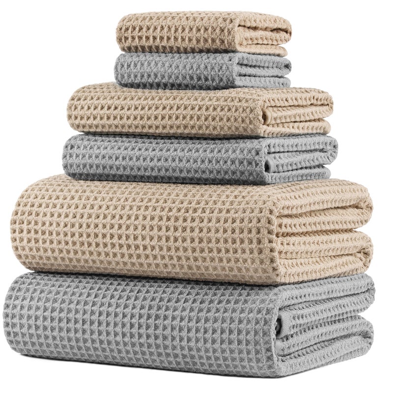 POLYTE 430 GSM Microfiber Quick Dry Lint Free Oversize Bath Towel Set, 6 Piece (Waffle Weave) - Image 1